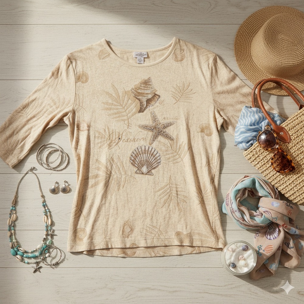 Y2K Vintage Beige Long Sleeve Top Beach Pattern‎